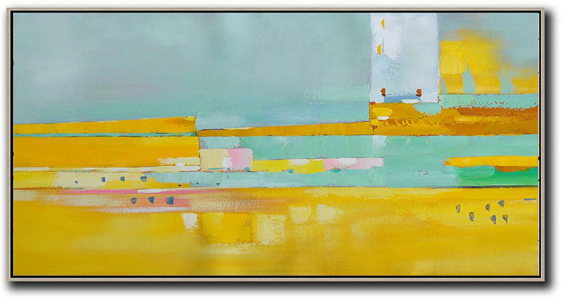 Large Abstract Painting Canvas Art,Horizontal Palette Knife Contemporary Art,Modern Abstract Wall Art,Lake Blue,Yellow,Pink,White.etc